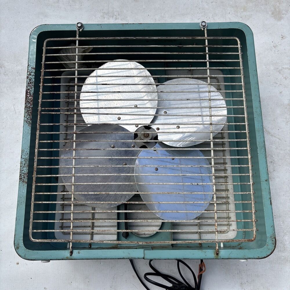 Vtg Metal Eskimo Turquoise Aqua Box Fan Model 121050 3-speed 14.5" x 14.5" Works